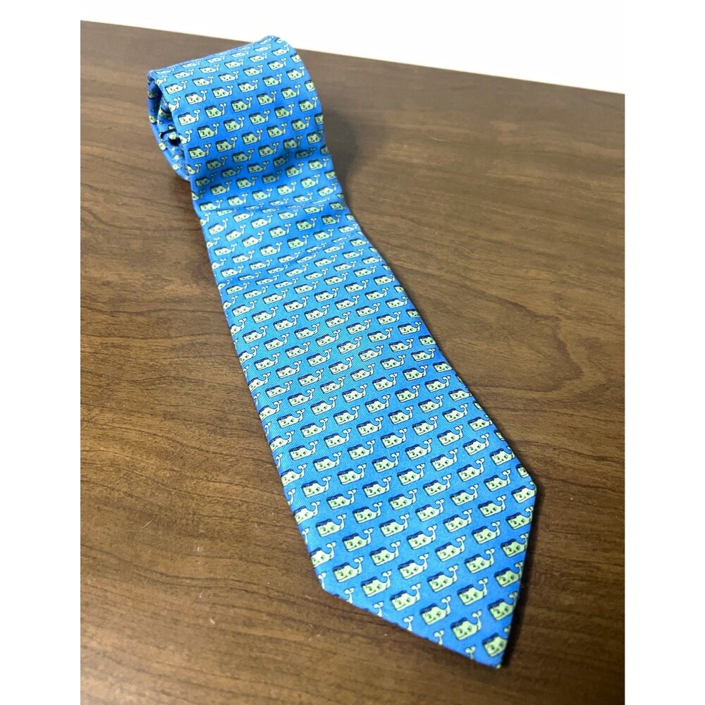Vineyard Vines Silk Frankenstein Whale Print Blue Tie Shep & Ian Handmade USA